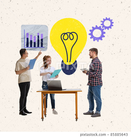 Creative design. Contemporary art collage of team, employees working on new business project, creating new ideas Creative design. Contemporary art collage of team, employees working on new business project, creating new ideas 85885643