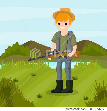 Man hunter with a gun. Survival in the woods. Man hunter with a gun. Survival in the woods. 85885647