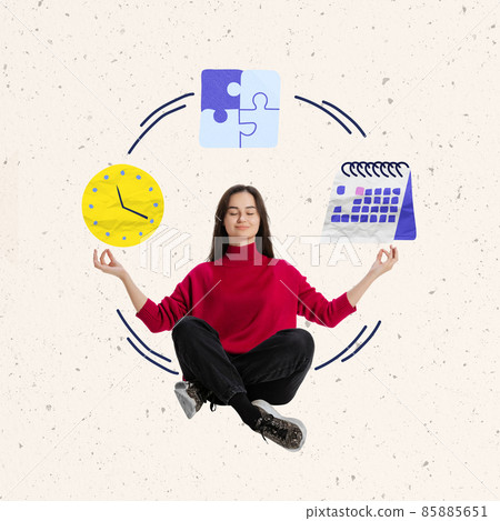Contemporary art collage. young girl, office worker sitting in yoga pose and meditating with time management cycle Contemporary art collage. young girl, office worker sitting in yoga pose and meditating with time management cycle 85885651
