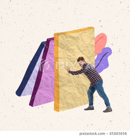 Contemporary art collage. Employee, office worker pushing blocks symbolizing resilience and effort Contemporary art collage. Employee, office worker pushing blocks symbolizing resilience and effort 85885656