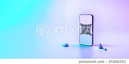 Qr code payment. Digital mobile smart phone with qr code scanner on smartphone screen for pay, scan barcode technology on neon background. Online shopping, cashless society technology concept. 85886262