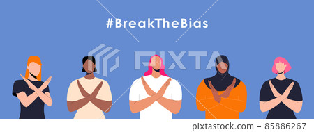 International womens day. 8th march. HAshtag BreakTheBias Horizontal poster with women with different skin color and ethnic groups cross arms. Vector illustration in flat style. International womens day. 8th march. HAshtag BreakTheBias Horizontal poster with women with different skin color and ethnic groups cross arms. Vector illustration in flat style. 85886267