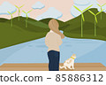 cartoon and flatart design for springtime travel concept with solo woman stand at side of lake with her cat 85886312