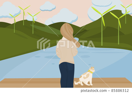 cartoon and flatart design for springtime travel concept with solo woman stand at side of lake with her cat cartoon and flatart design for springtime travel concept with solo woman stand at side of lake with her cat 85886312