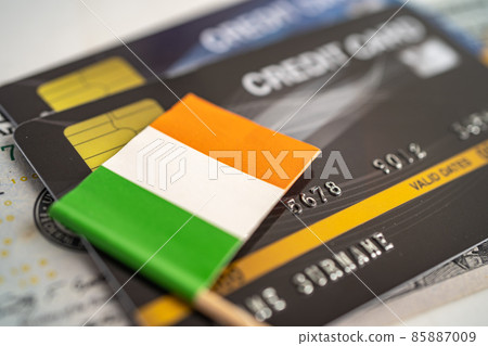 Ireland flag on credit card. Finance development, Banking Account, Statistics, Investment Analytic research data economy, Stock exchange trading, Business company concept. 85887009