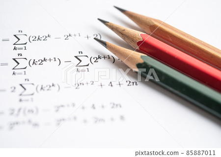 Pencil on mathematic formula exercise test paper in education school. 85887011