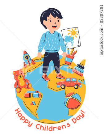 Happy children day greeting card. Illustration of standing on earth smiling boy. Child in cartoon style. Happy children day greeting card. Illustration of standing on earth smiling boy. Child in cartoon style. 85887281