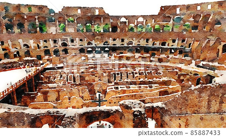 Watercolor painting of a glimpse of one of the amphitheaters in Rome in Italy. 85887433