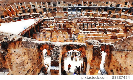 Watercolor painting of a glimpse of one of the amphitheaters in Rome in Italy. 85887434