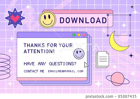 Retro browser computer window in 90s vaporwave style with smile face hipster stickers. Retrowave pc desktop with message boxes and popup user interface elements, Vector illustration of UI and UX 85887435