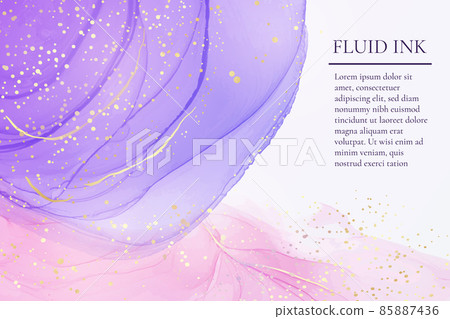 Cyan blue and lavender liquid marble background with gold stripes and glitter dust. Pastel pink violet watercolor drawing effect. Vector illustration backdrop for wedding invitation, rsvp, menu 85887436