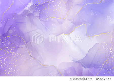 Violet lavender liquid watercolor marble background with golden lines. Pastel purple periwinkle alcohol ink drawing effect. Vector illustration design template for wedding invitation, menu, rsvp 85887437