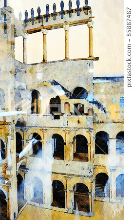 Watercolor painting of a glimpse of the ruin of one of the amphitheaters in Rome in Italy. 85887487