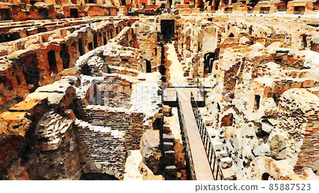 Watercolor painting of a glimpse of one of the amphitheaters in Rome in Italy. 85887523