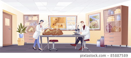 Paleontologists doing research with fossils in lab. People studying extinct dinosaur bones in laboratory vector illustration. Man with microscope, ancient history museum interior 85887589