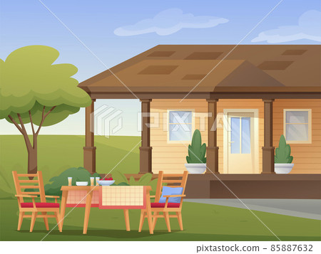 Barbecue setup outdoor background. House in nature with tree, table with food and drinks, chairs vector illustration. Summer scene 85887632