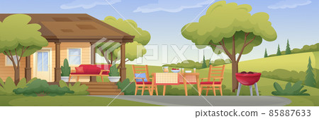 Barbecue setup outdoor background. Panoramic view of house in nature with trees, hills, bbq with meat, table with food and drinks, chairs vector illustration. Summer horizontal scene 85887633