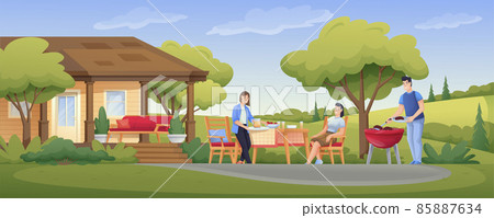 People having barbecue party outdoor scene. Friends grilling meat in summer vector illustration. Panoramic view of women and man outside house in nature cooking and eating 85887634