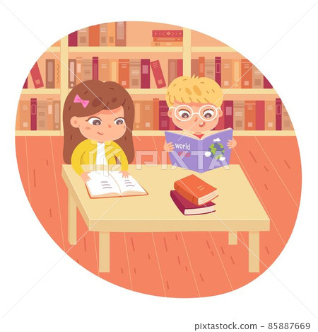 Children reading books in school library. Happy clever kids learning activity vector illustration. Girl and boy sitting at table together. Library interior design background 85887669