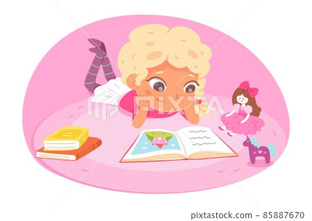 Little girl reading book at home. Happy clever child learning activity vector illustration. Kid lying on floor with books with picture, doll and toy. Bedroom interior background 85887670
