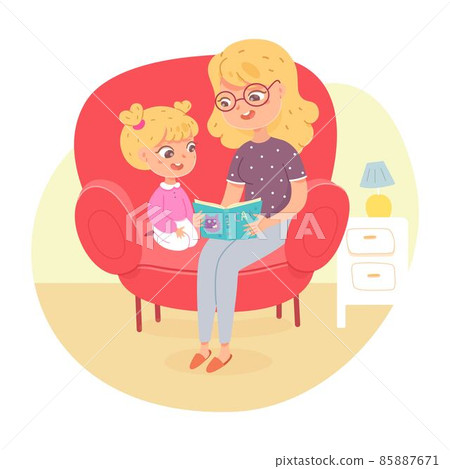 Mother reading book to daughter at home. Happy clever child learning activity vector illustration. Woman spending time together with little kid, family sitting in armchair indoor 85887671