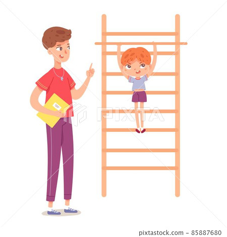 Kid doing pull ups in physical education class at school. Child with teacher doing exercise on ladder in PE vector illustration. Boy hanging on bar, coach instructing on white background 85887680