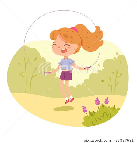 Girl jumping with rope in physical education class outdoor. Child doing active exercise in PE lesson vector illustration. Happy kid skipping and smiling with sports equipment in park Girl jumping with rope in physical education class outdoor. Child doing active exercise in PE lesson vector illustration. Happy kid skipping and smiling with sports equipment in park 85887681