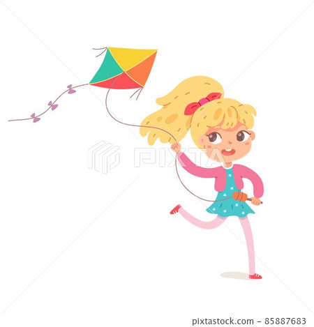 Girl playing with flying kite isolated on white background. Happy kid doing outdoor summer activity vector illustration. Child running with toy. Girl playing with flying kite isolated on white background. Happy kid doing outdoor summer activity vector illustration. Child running with toy. 85887683