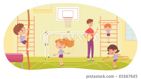 Kids doing various sports in physical education class at school. Children with teacher doing exercise in PE vector illustration. Girl skipping, with hula hoop, boy climbing and hanging on bar 85887685