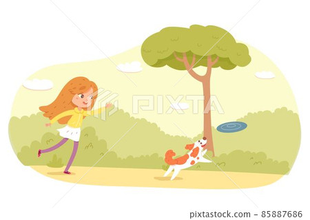 Girl playing with frisbee in park or playground. Happy kid doing outdoor summer activities vector illustration. Child with dog throwing game, pet jumping in nature Girl playing with frisbee in park or playground. Happy kid doing outdoor summer activities vector illustration. Child with dog throwing game, pet jumping in nature 85887686