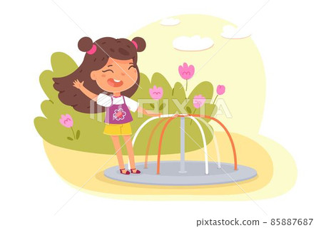 Girl playing on carousel in park or playground. Happy kid doing outdoor summer activities vector illustration. Child playing in nature outside. Flowers in background Girl playing on carousel in park or playground. Happy kid doing outdoor summer activities vector illustration. Child playing in nature outside. Flowers in background 85887687