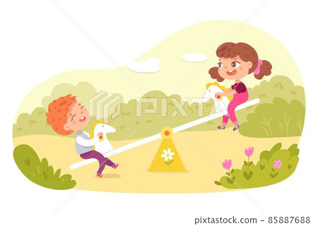 Children playing on swing in park, playground or backyard. Happy kids doing outdoor summer activities vector illustration. Boy and girl sitting on swings, having fun in nature Children playing on swing in park, playground or backyard. Happy kids doing outdoor summer activities vector illustration. Boy and girl sitting on swings, having fun in nature 85887688