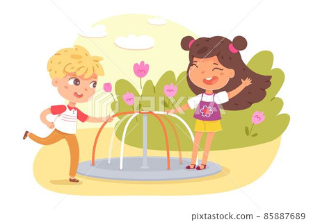 Children playing on carousel in park or playground. Happy kids doing outdoor summer activities vector illustration. Boy and girl playing in nature outside. Flowers in background Children playing on carousel in park or playground. Happy kids doing outdoor summer activities vector illustration. Boy and girl playing in nature outside. Flowers in background 85887689