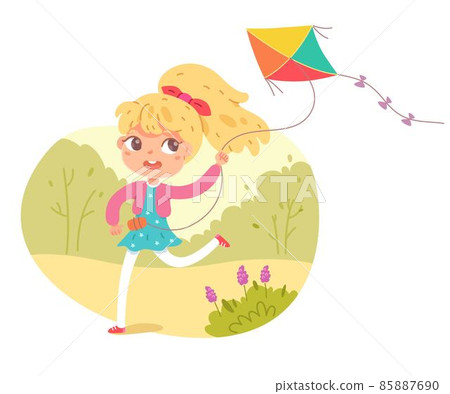 Girl playing with flying kite in park or playground. Happy kid doing outdoor summer activity vector illustration. Child running with toy in nature. Trees and flowers in background 85887690