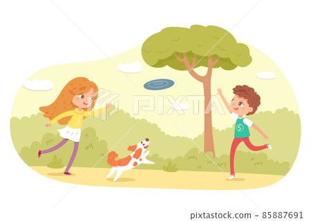 Children playing with frisbee in park or playground. Happy kids doing outdoor summer activities vector illustration. Boy and girl with dog throwing game, pet jumping in nature Children playing with frisbee in park or playground. Happy kids doing outdoor summer activities vector illustration. Boy and girl with dog throwing game, pet jumping in nature 85887691