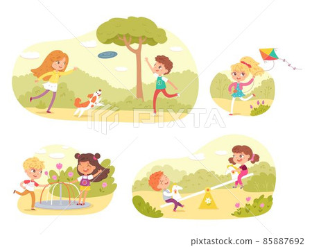 Children playing in park or playground set. Happy kids doing outdoor summer activities vector illustration. Child with flying kite, boy and girl with dog and frisbee, on swing, carousel Children playing in park or playground set. Happy kids doing outdoor summer activities vector illustration. Child with flying kite, boy and girl with dog and frisbee, on swing, carousel 85887692