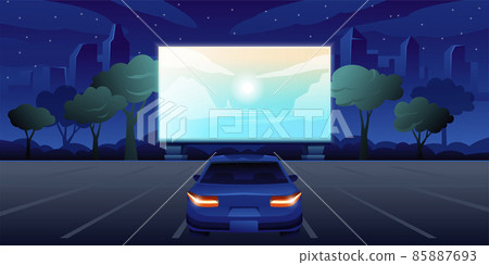Outdoor cinema, open air movie night banner with one car. Bright screen with film outdoor theatre vector illustration. City entertainment event ad, parking lot view on cityscape Outdoor cinema, open air movie night banner with one car. Bright screen with film outdoor theatre vector illustration. City entertainment event ad, parking lot view on cityscape 85887693