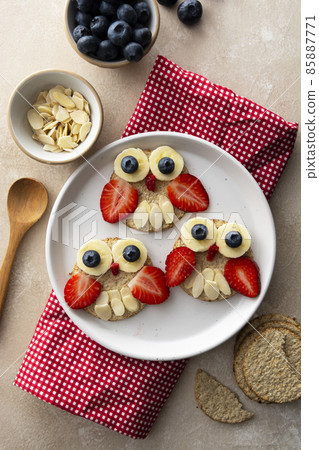 Healthy fun food for kids. Whole meal owl crackers with berries. 85887771