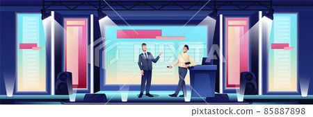 Business conference or seminar in auditorium hall. Speaker on podium giving presentation to audience vector illustration. Event or forum convention in modern center 85887898