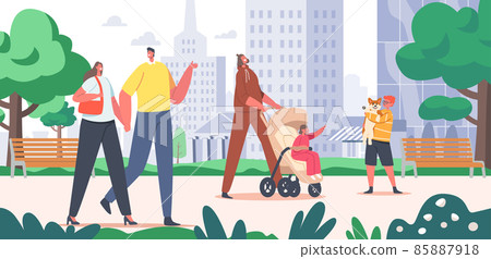 People Walking in City Park. Loving Couple Holding Hands, Mother Walk with Baby in Stroller, Child Hug Funny Dog 85887918