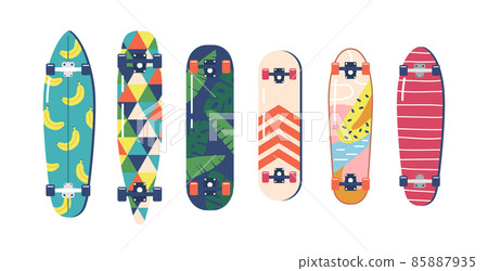 Set of Modern Teenager Skateboards with Graphic Prints Bottom View Isolated on White Background. Urban Culture for Teens 85887935