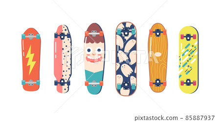 Set of Colorful Skateboards for Teens, Skate Boards Bottom View with Wheels Isolated on White Background Set of Colorful Skateboards for Teens, Skate Boards Bottom View with Wheels Isolated on White Background 85887937
