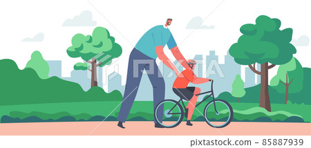 Parenting, Fatherhood. Dad Teach Son to Ride Bike in City Park for the First Time. Father Teach Kid Boy Cycling Outdoor Parenting, Fatherhood. Dad Teach Son to Ride Bike in City Park for the First Time. Father Teach Kid Boy Cycling Outdoor 85887939