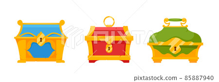 Set of Pirate Chests Isolated Icons, Closed Gold Caskets with Golden Metal Elements and Keyholes. Treasury, Abundance 85887940