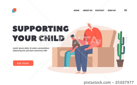 Parent Character Support Child Landing Page Template. Father and Son Sitting on Sofa Speak, Share Problems. Dad and Boy 85887977