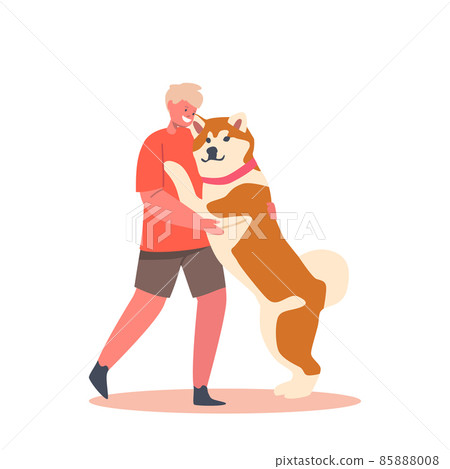 Childhood, Love and Tenderness to Animals Concept with Happy Kid Hug Shiba Inu Dog, Child Character Cuddle with Pet 85888008