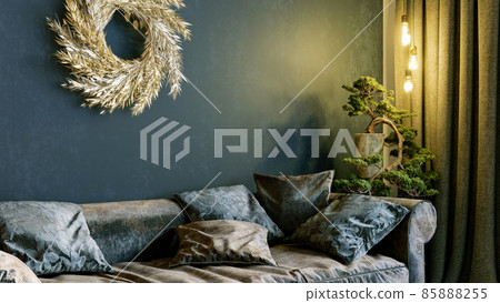 Beautiful interior of a modern room. Bright and clean design. Large window against a wall background. 3D rendering 85888255