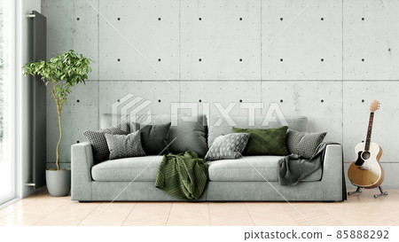 Modern stylish interior of the living room, a room with a wooden floor and a large window. 3D rendering Modern stylish interior of the living room, a room with a wooden floor and a large window. 3D rendering 85888292