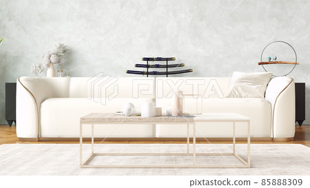 Modern stylish interior of the living room, a room with a staircase, wooden floor and a large window. 3D rendering 85888309