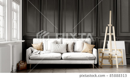 Beautiful interior of a modern room. Bright and clean design. A sofa standing by a large window against a wall background. 3D rendering 85888313